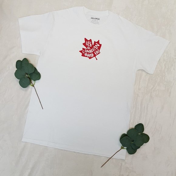 "It's A Canadian Thing, Eh?" Leaf Print Crew Neck T-Shirt - Picture 1 of 7